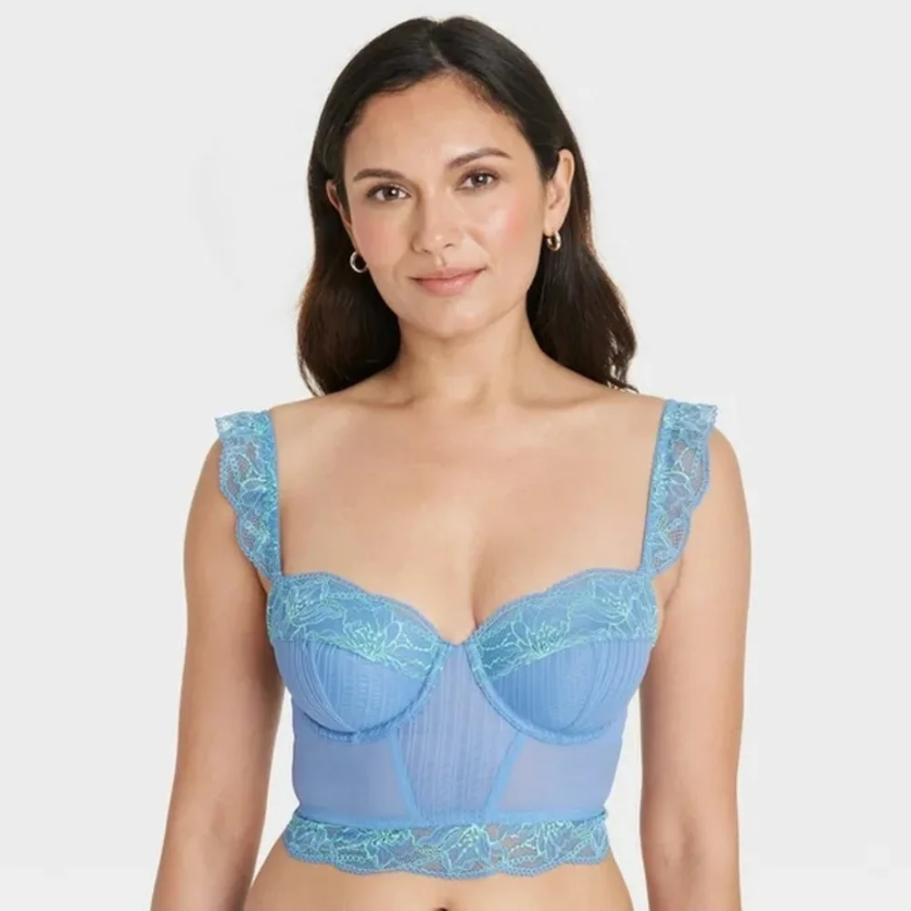 Auden - Blue and Lime Green Lace & Mesh Corset Bra